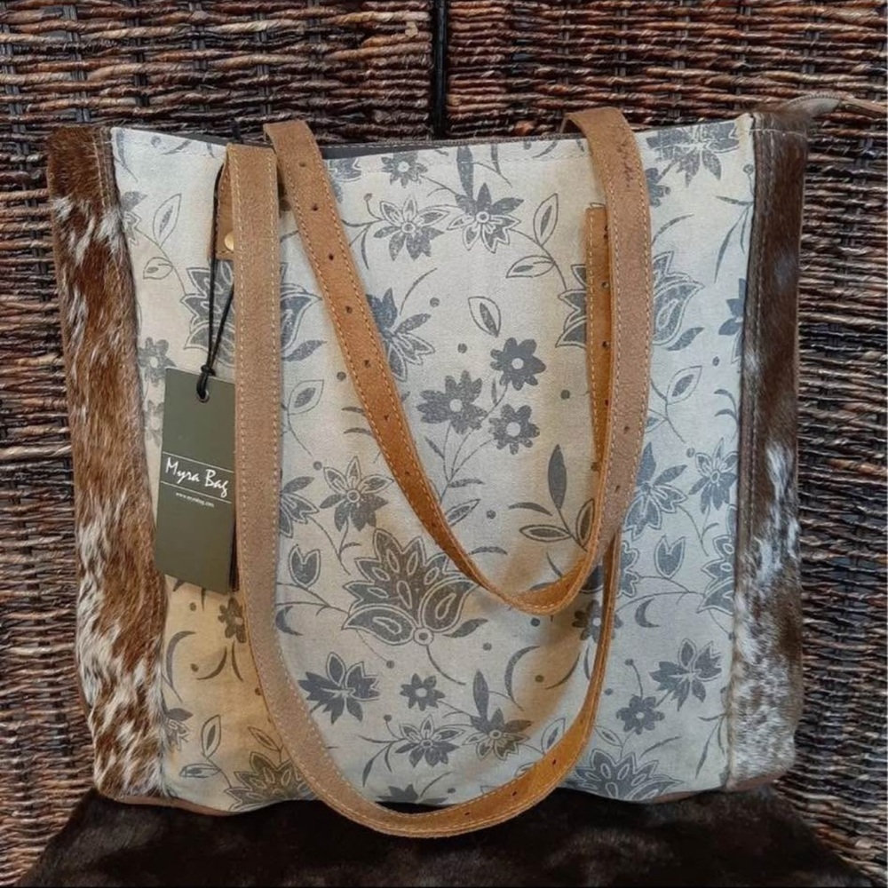 Myra Cowhide Floral Tote Bag - Gray and Brown
